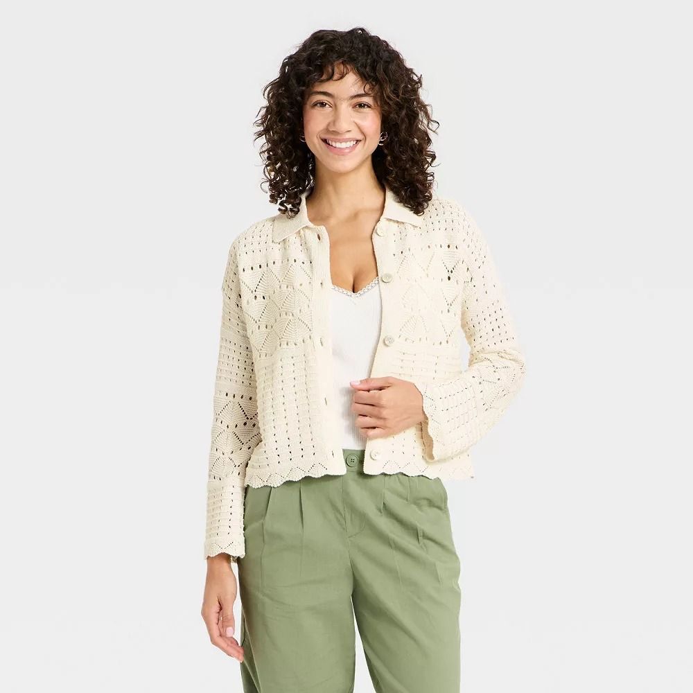 A New Day Collared Crochet Cardigan Sweater - Cream - Womens XS - NEW
